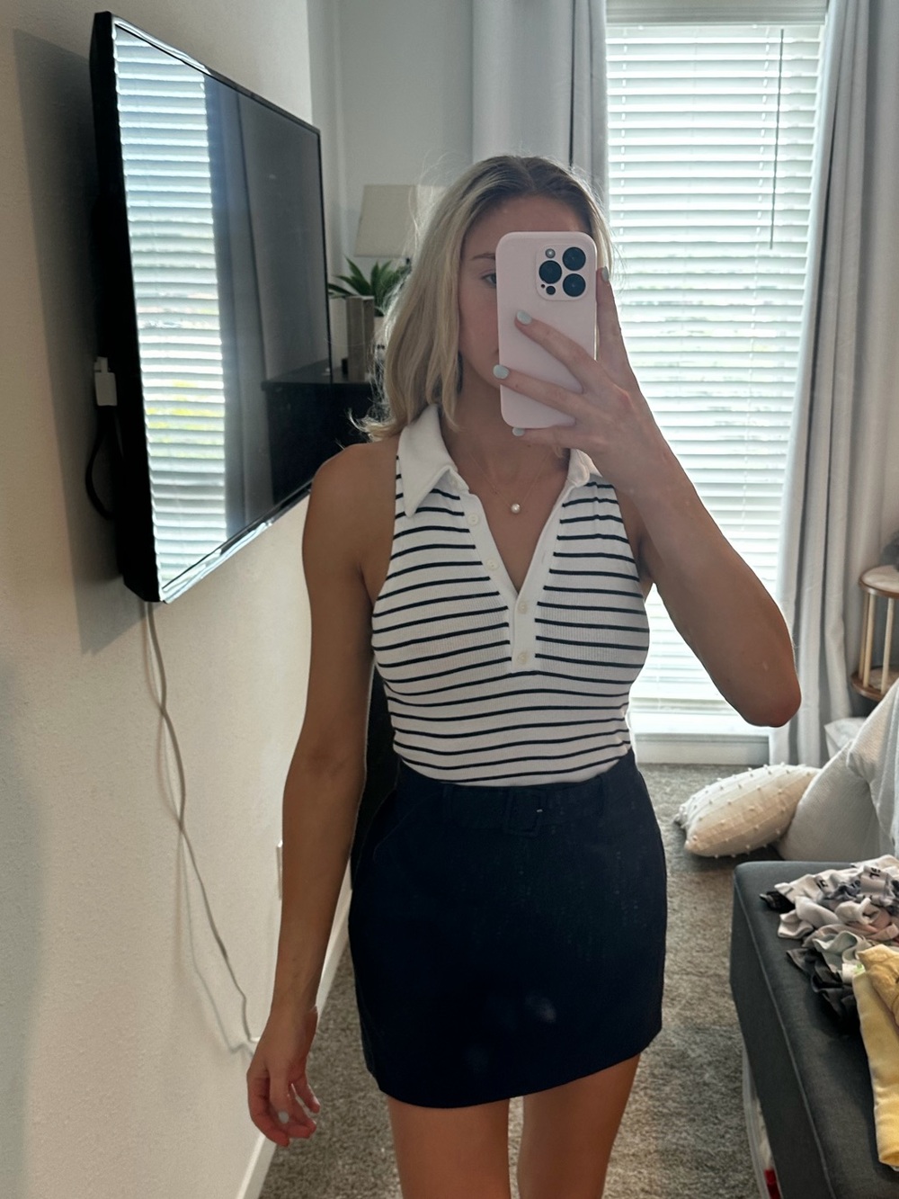 Abercrombie & Fitch White and Navy Striped Polo Bodysuit